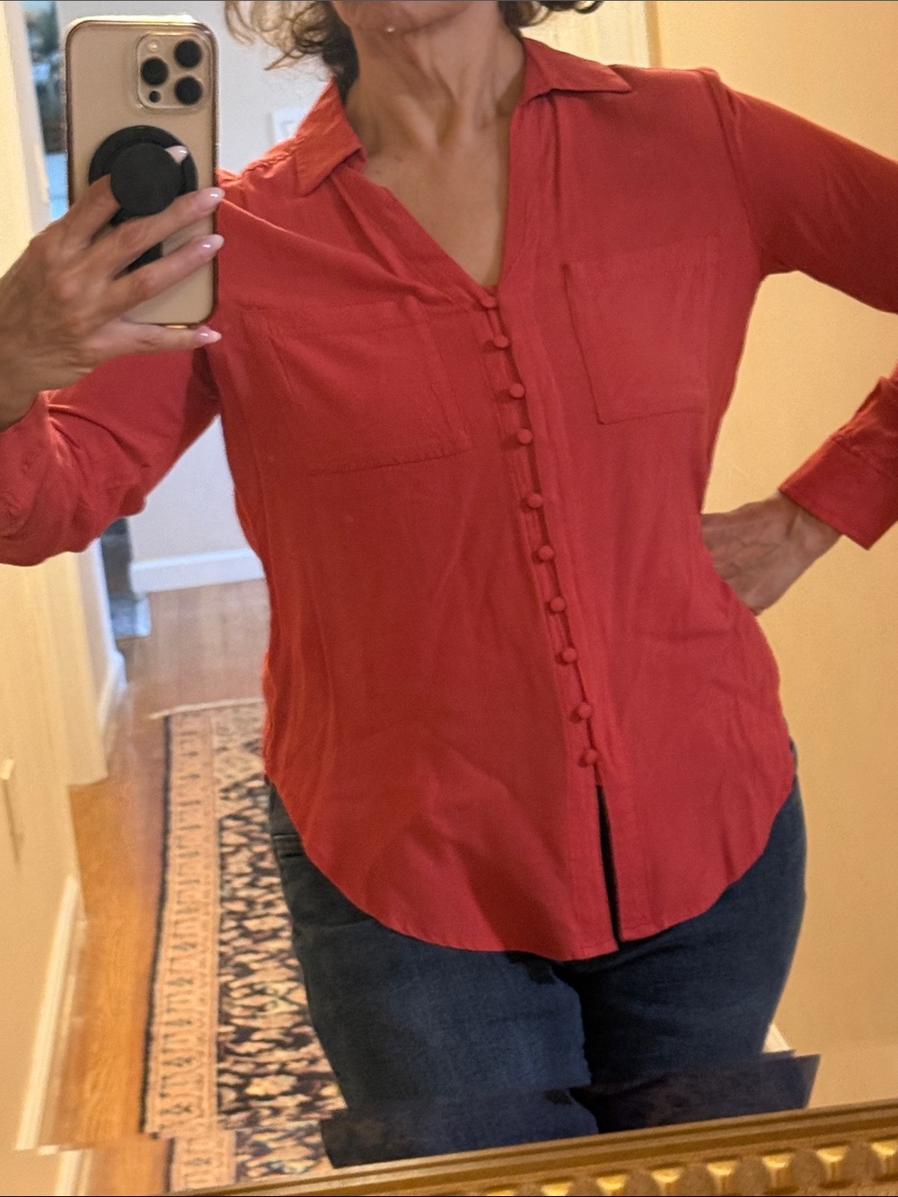 Classic Red Button-Front Collared Shirt